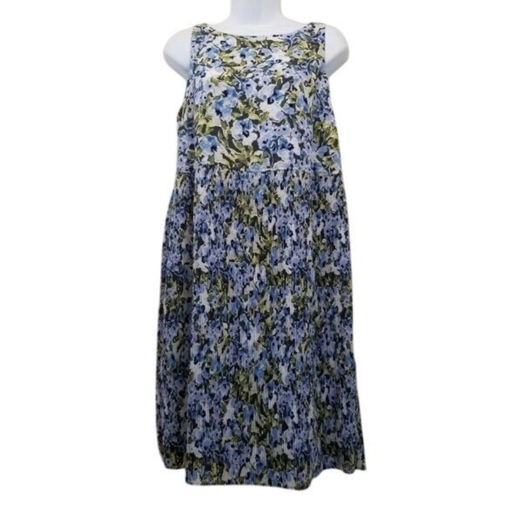 J Jill PS Dress Blue Green Floral Pleated Easter Garden Sleeveless Spring Granit
